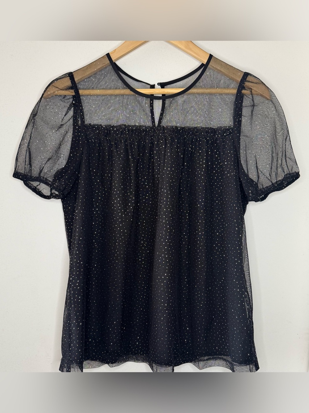 J.Crew sparkle puff-sleeve tulle top Women’s X Small Black Gold Specks Party EUC